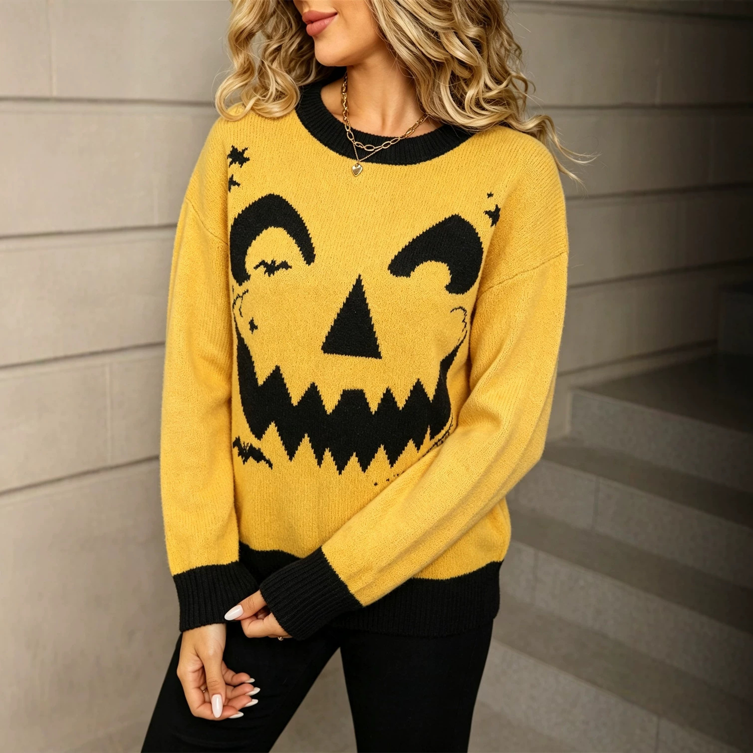 Bat Skull Colorblock Pullover Sweater