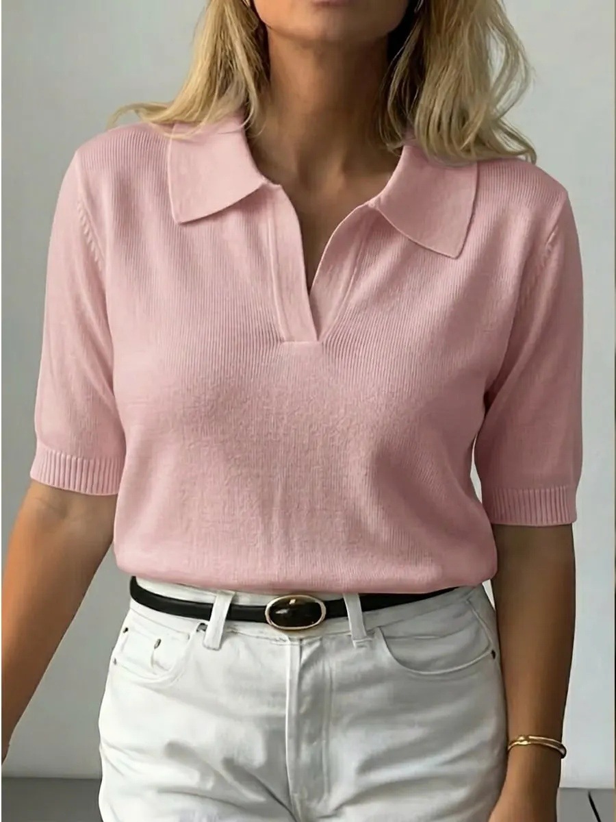 Women's Solid Knit T-Shirt with Shirt Collar and 3D Pattern