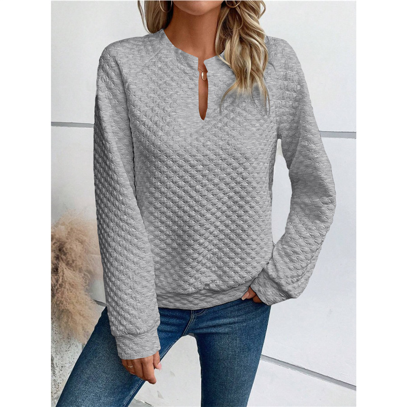 Women's Solid Deep V-Neck Long Sleeve Casual Sweatshirt