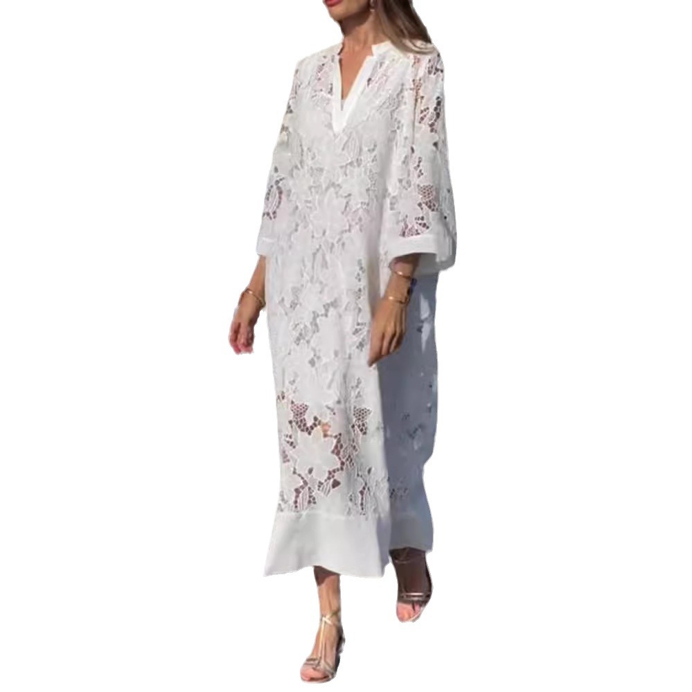 V-Neck Long Sleeve Lace Hollow-Out Maxi Dress