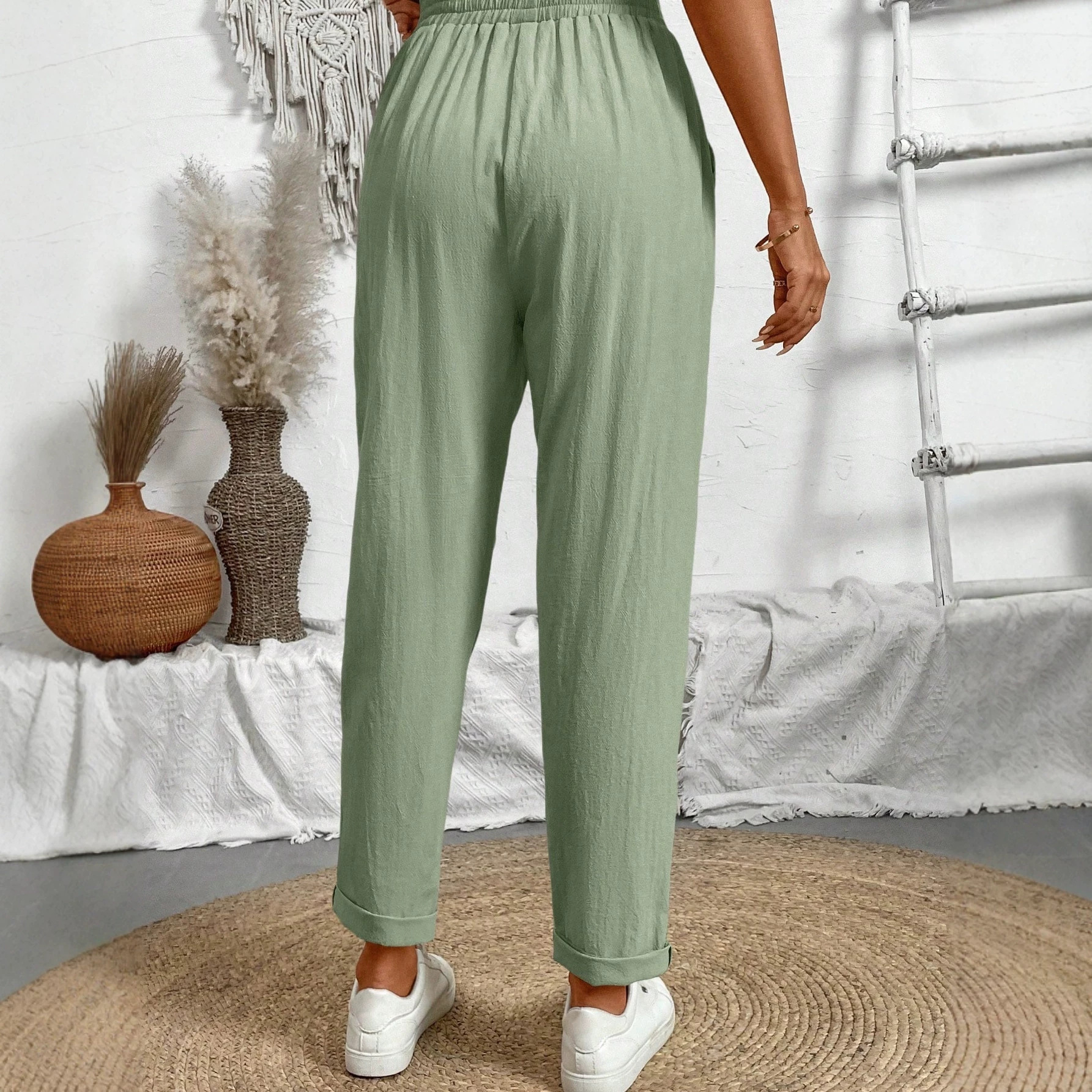 Cotton-Linen High-Waist Wide-Leg Cropped Pants Breathable Straight Tapered