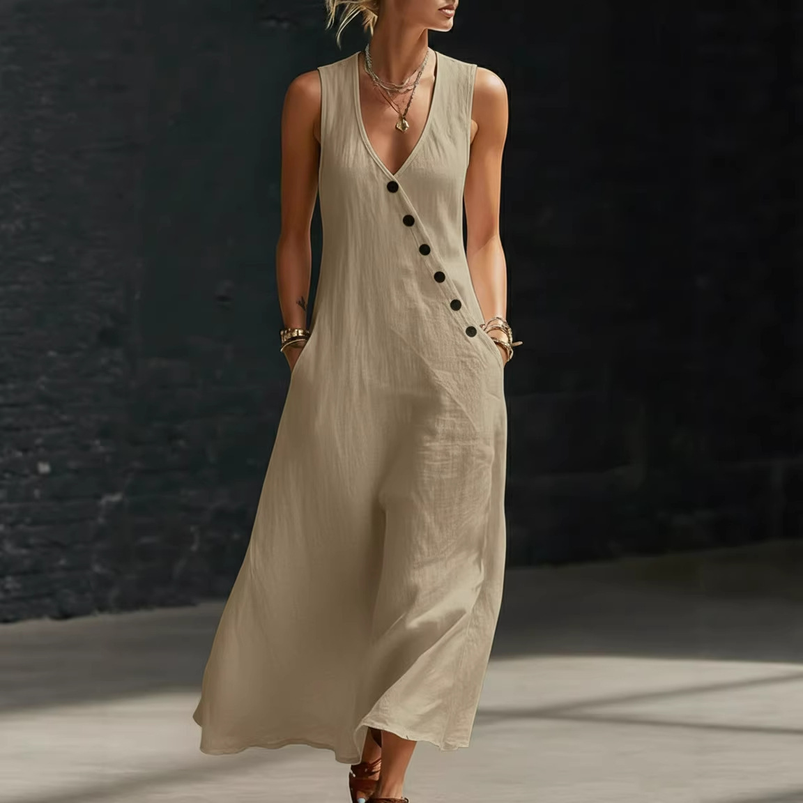 V-Neck Button-Front Cotton-Linen Sleeveless Maxi Dress