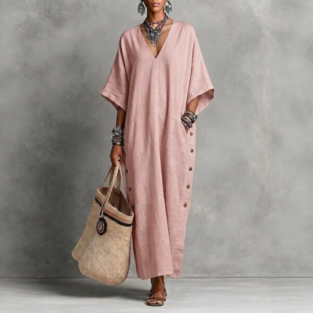 Linen-Blend Loose V-Neck Side-Button Midi Dress