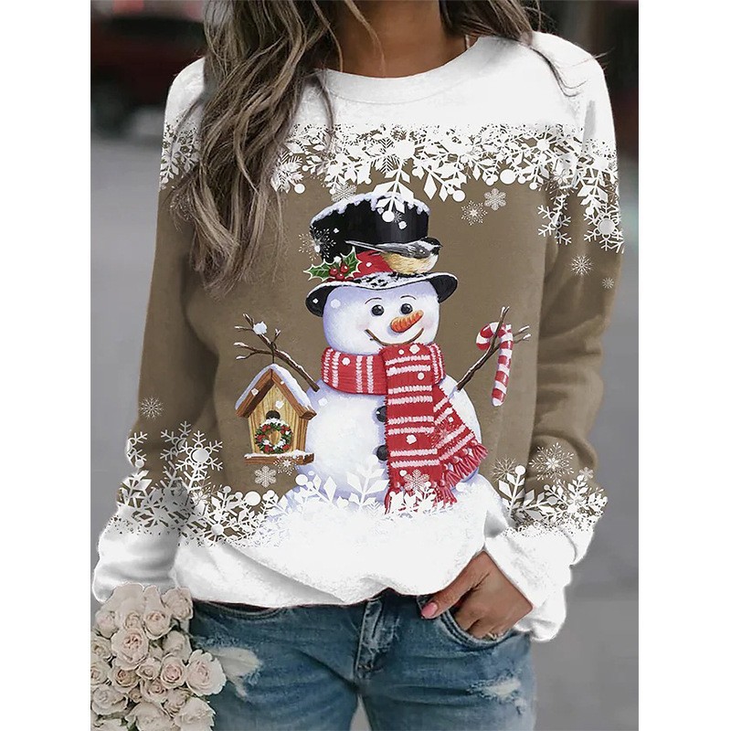 Women's Snowman Snowflake House Print Crewneck Sweatshirt