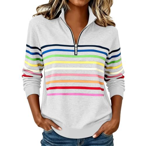 Colorful Striped Print Half-Zip Hoodie for Women