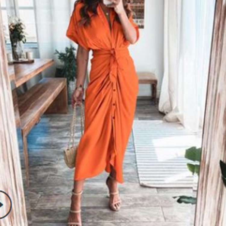 Elegant Short Sleeve Solid Knot High Waist A-Line Long Dress