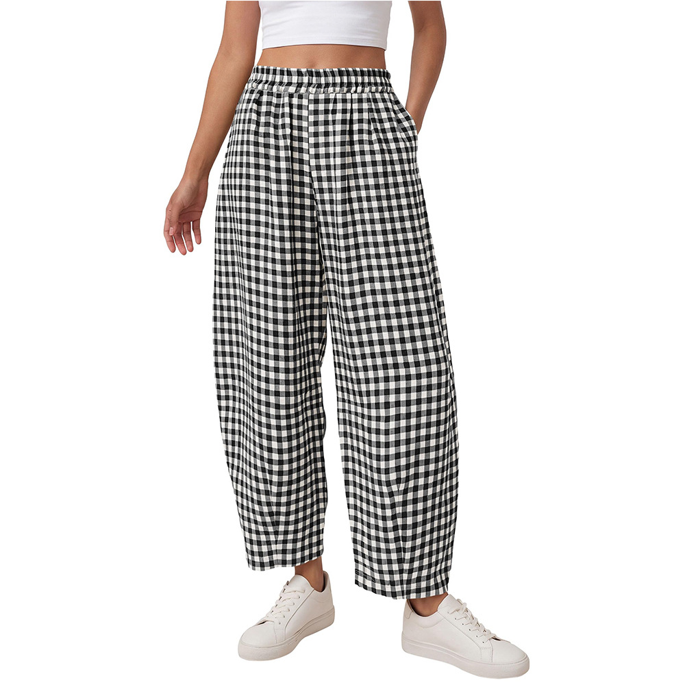 Plaid High-Waist Wide-Leg Cropped Pants with Pockets