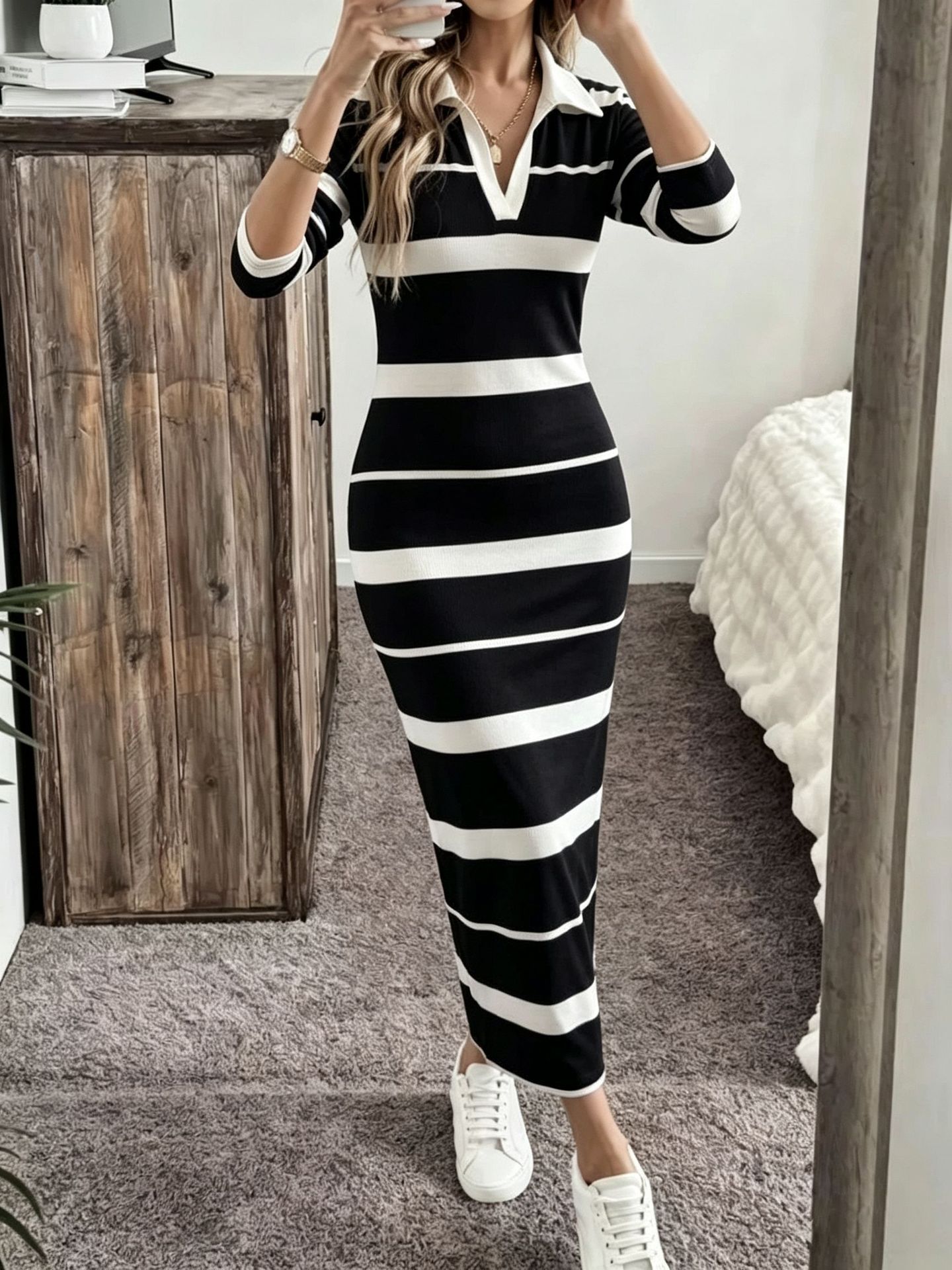 V-Neck Striped Print Long Bodycon Dress