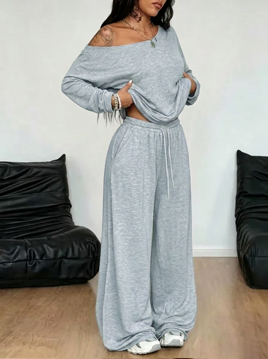 Women's Oblique Collar Wide-Leg Pants Set Solid Color Casual Two-Piece Long Sleeve