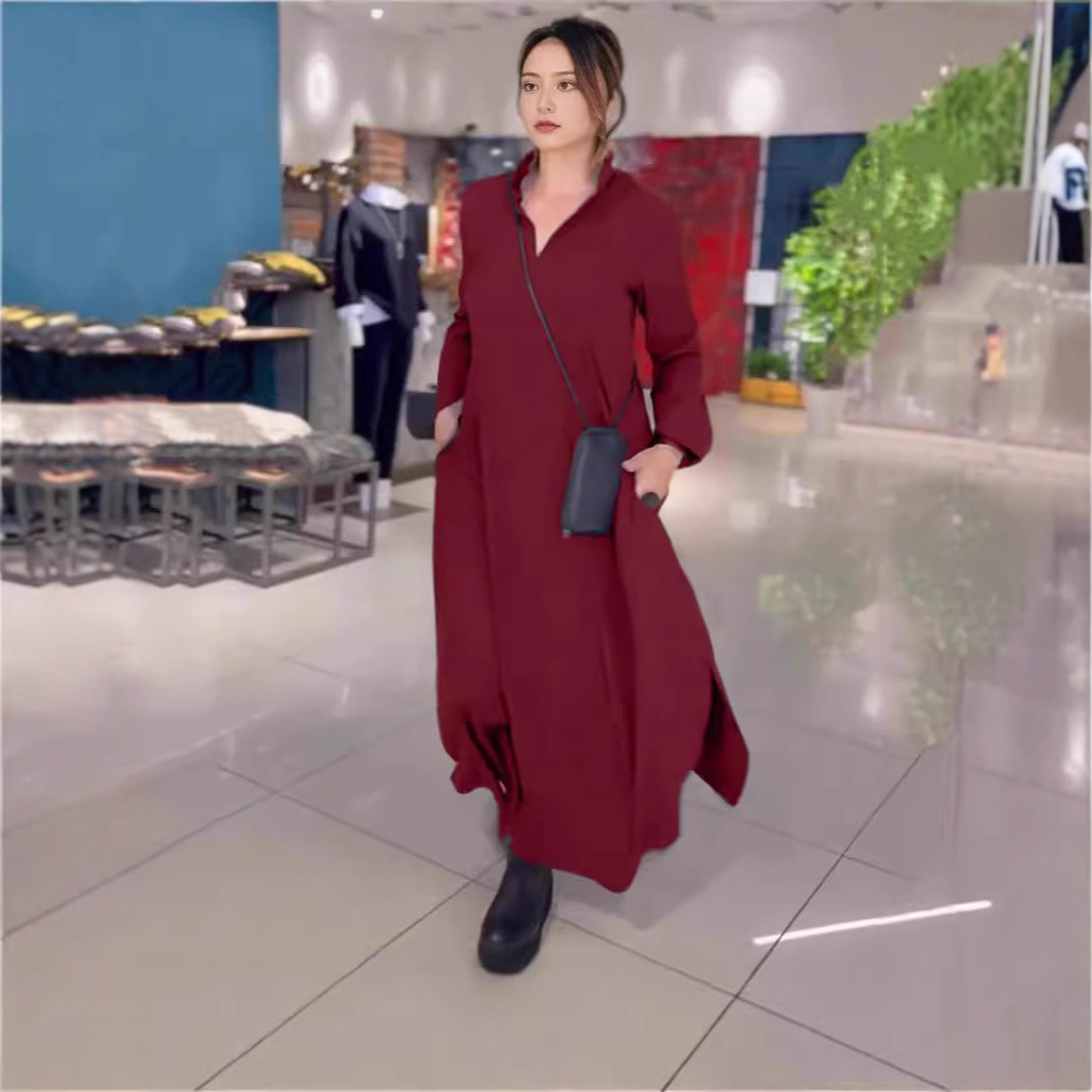 Women's Solid V-Neck Long Sleeve Loose Fit Maxi Dress
