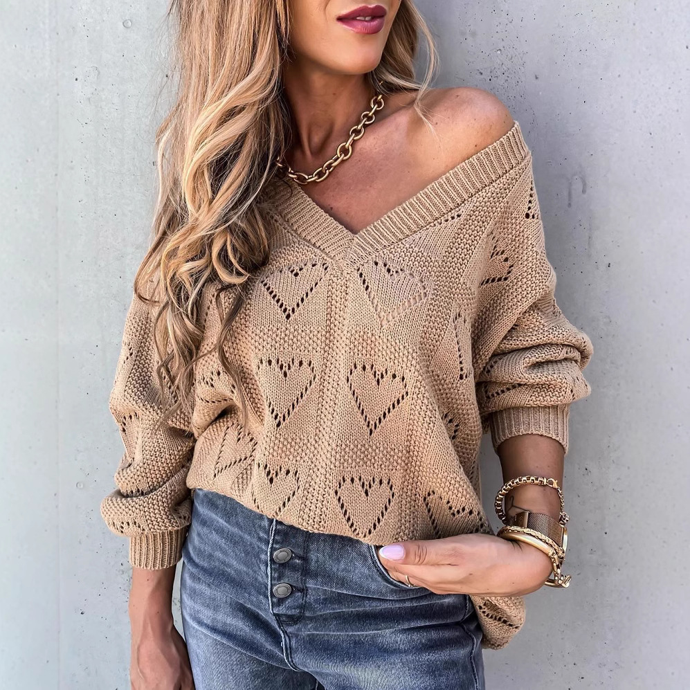V-Neck Heart Cutout Long-Sleeve Sweater