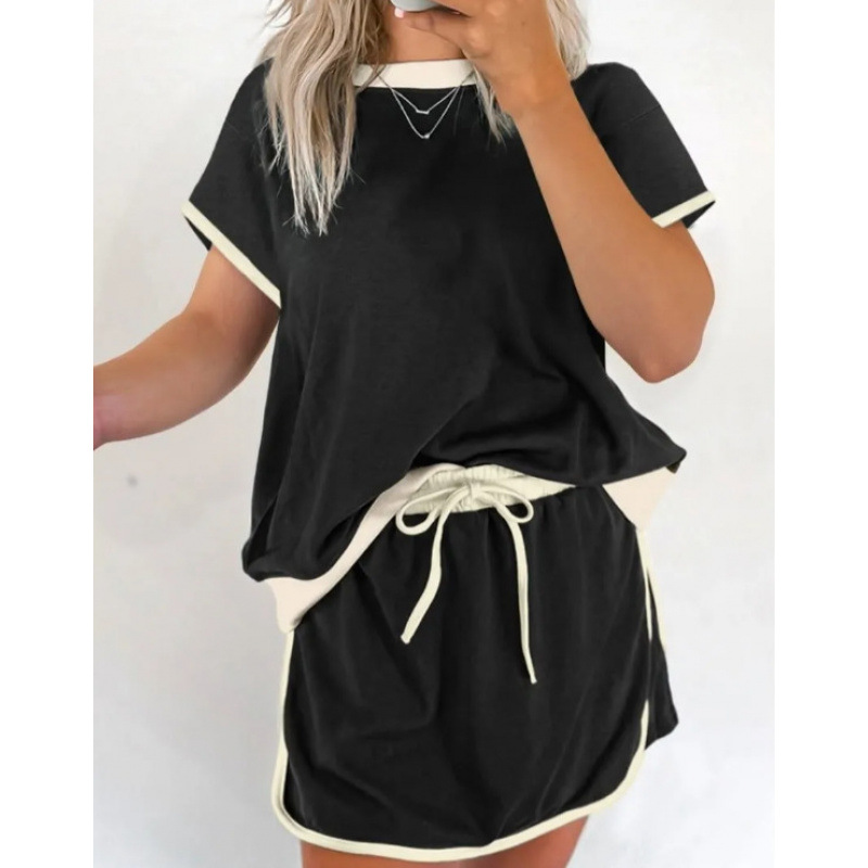 Color-Block Drop-Shoulder Short-Sleeve T-Shirt and Shorts Two-Piece Set