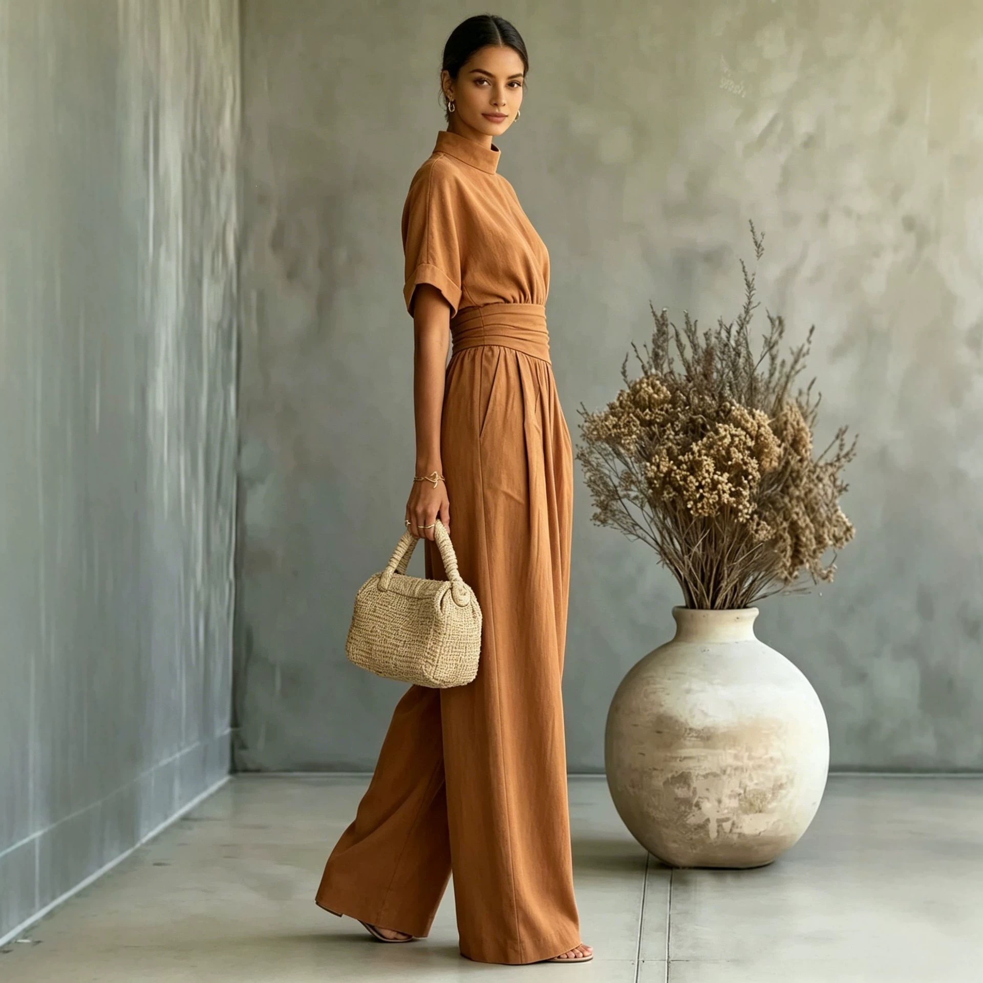 Women's Half-Turtleneck Short-Sleeve Wide-Leg Jumpsuit Solid Casual Loose Long Pants