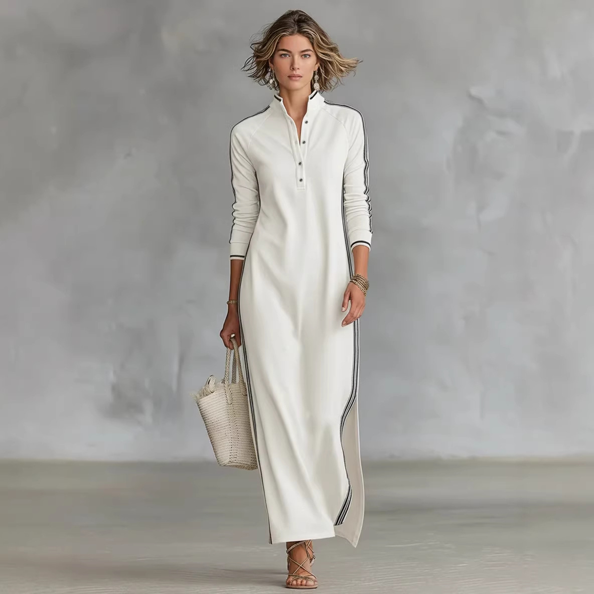 Women's Minimalist White Piped Button-Neck Sweatshirt Dress Long