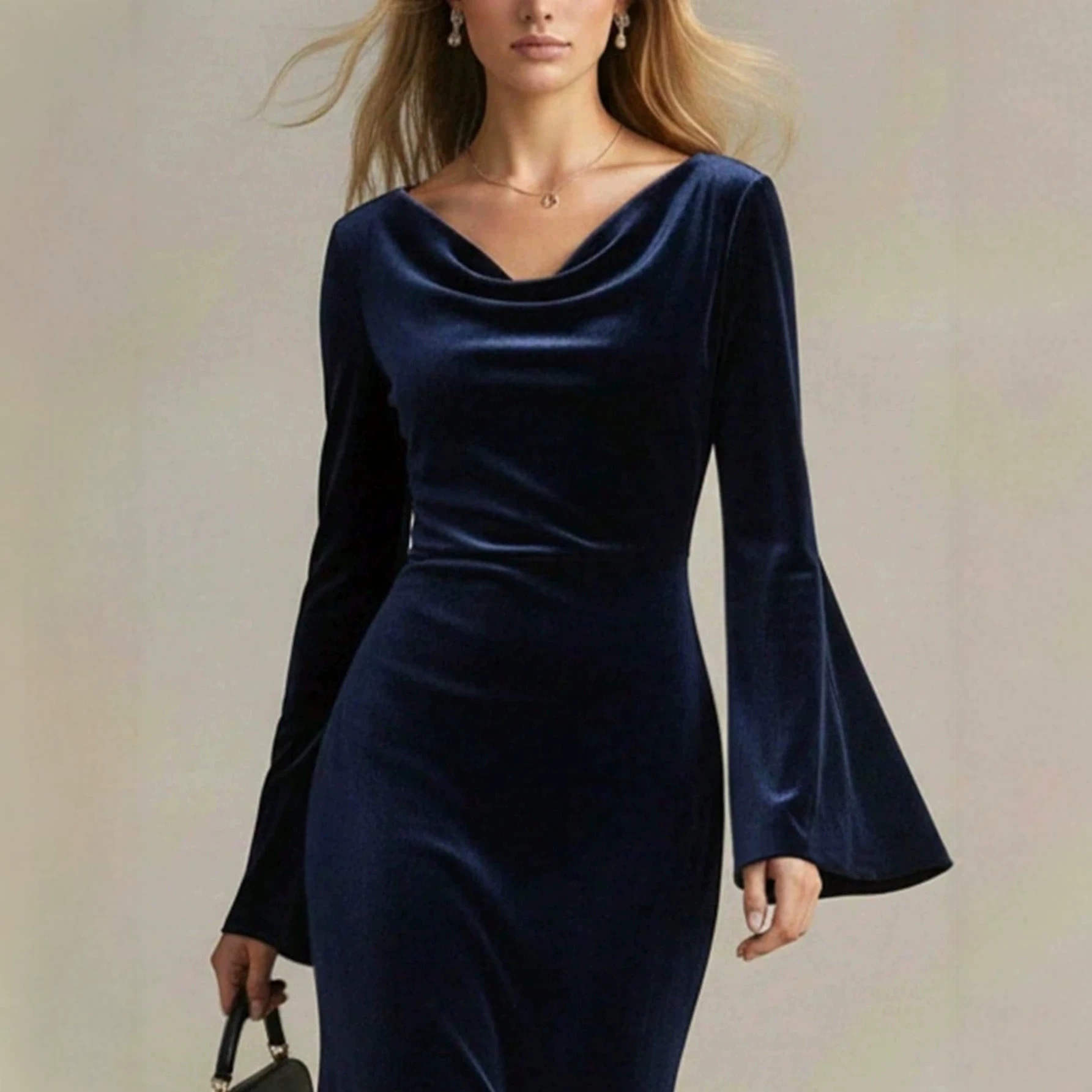 Velvet Waist-Cinching Flare-Sleeve Long Dress
