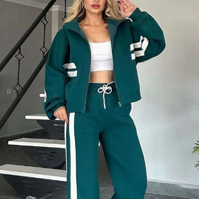 Women's Colorblock Two-Piece Lounge Set Zip Cardigan & Wide-Leg Pants
