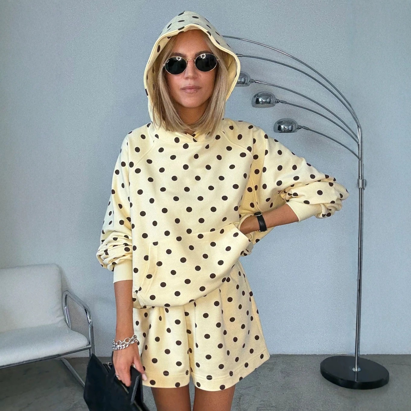 Retro Polka Dot Hoodie and Wide-Leg Shorts Set with Kangaroo Pocket