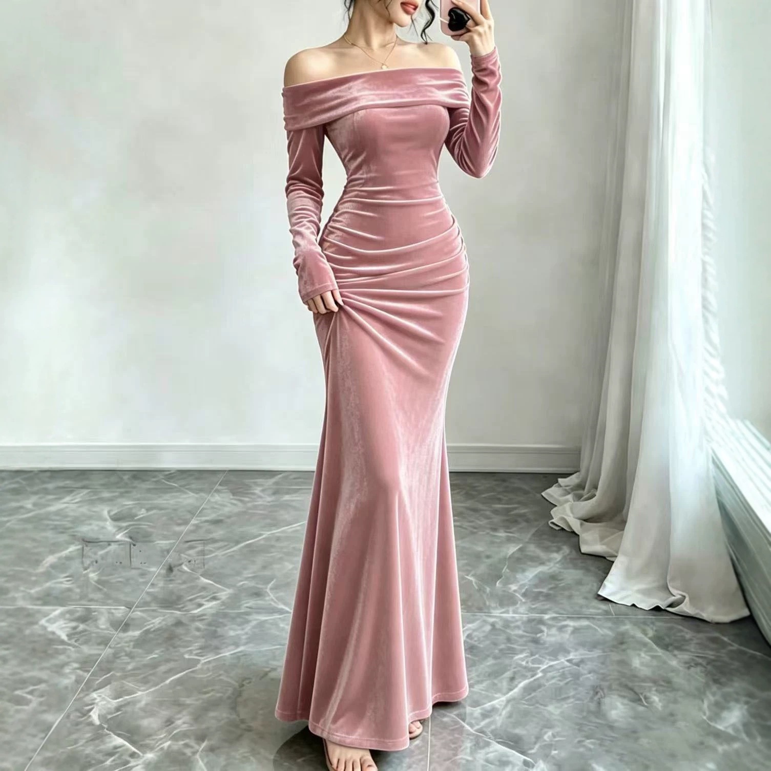 Elegant Velvet Off-Shoulder Bodycon Long Sleeve Dress