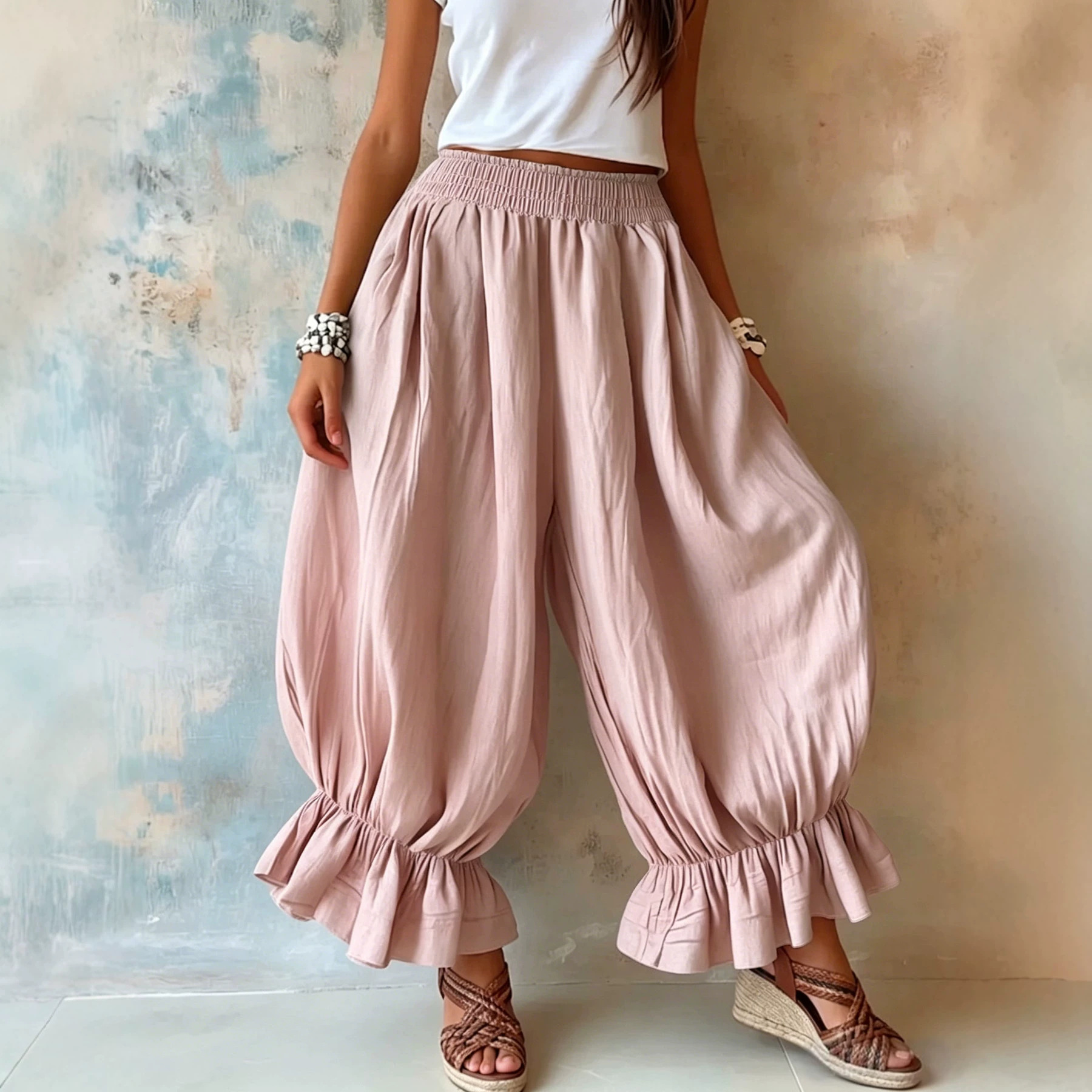 Women's Loose Casual Cotton-Linen Ruffle Lantern Pants