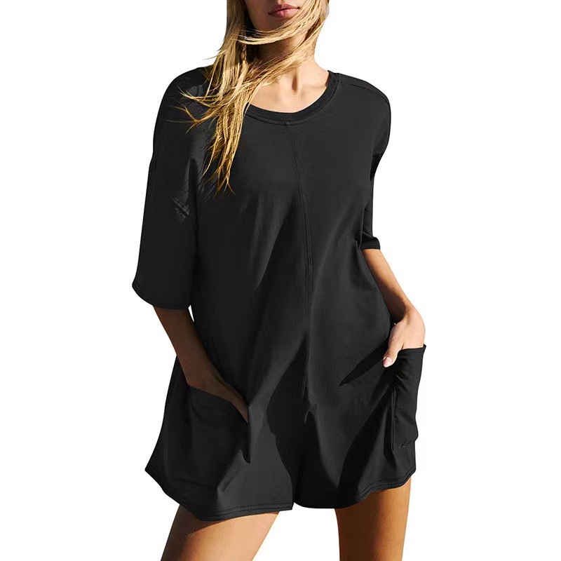 Women's Short Sleeve Open Back V-Neck Loose Casual Pocket Jumpsuit