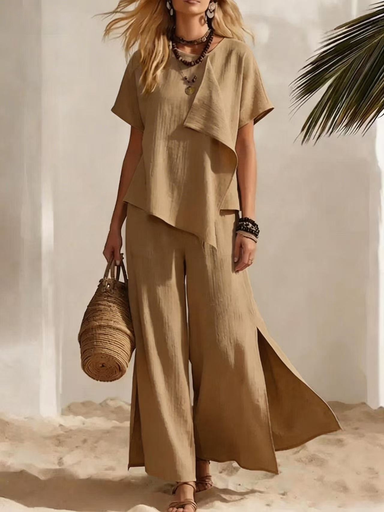 Women's Casual Asymmetric Short Sleeve Top and Slit Wide Leg Pants Set