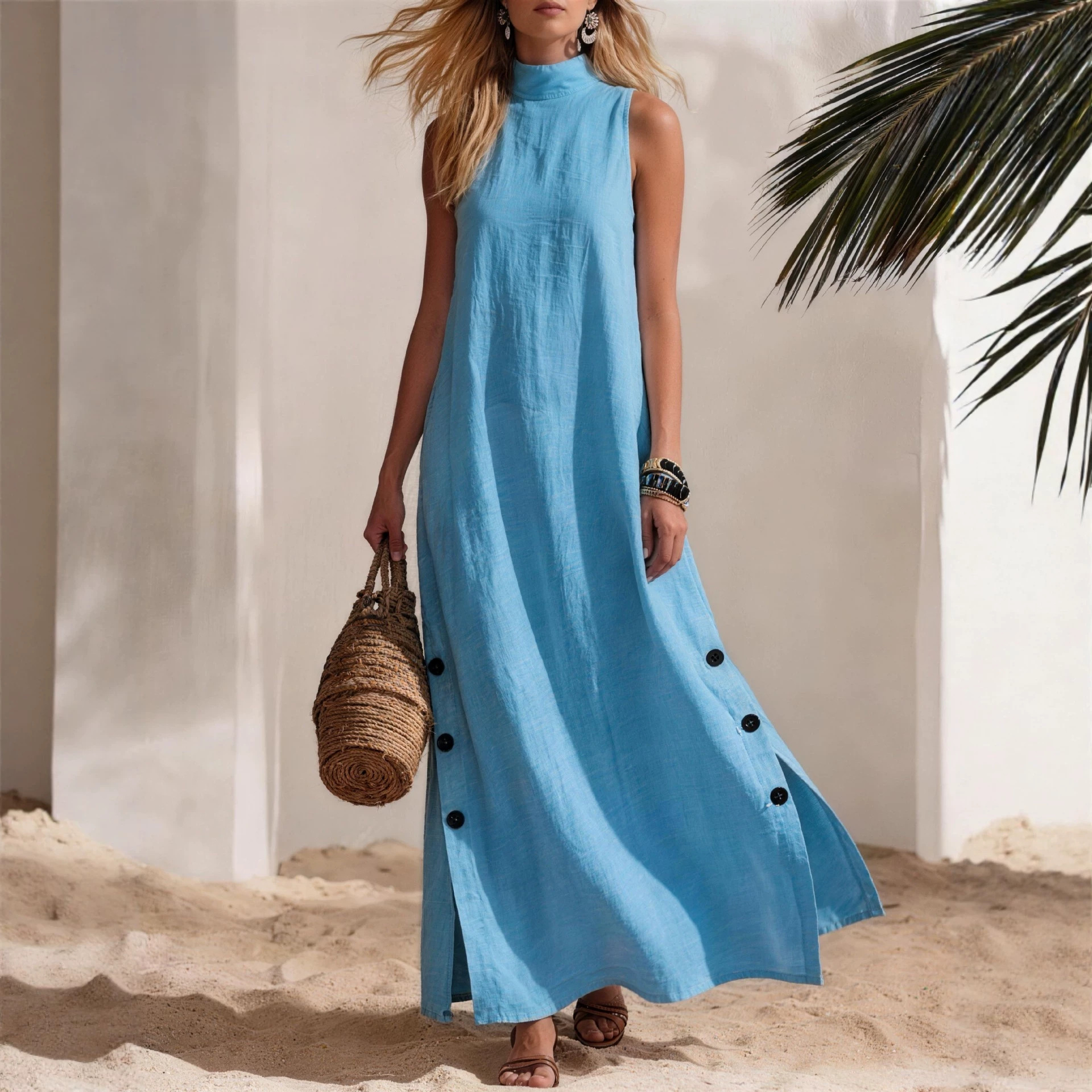 Women's Cotton Linen Short Sleeve Sleeveless Side Slit Midi Dress