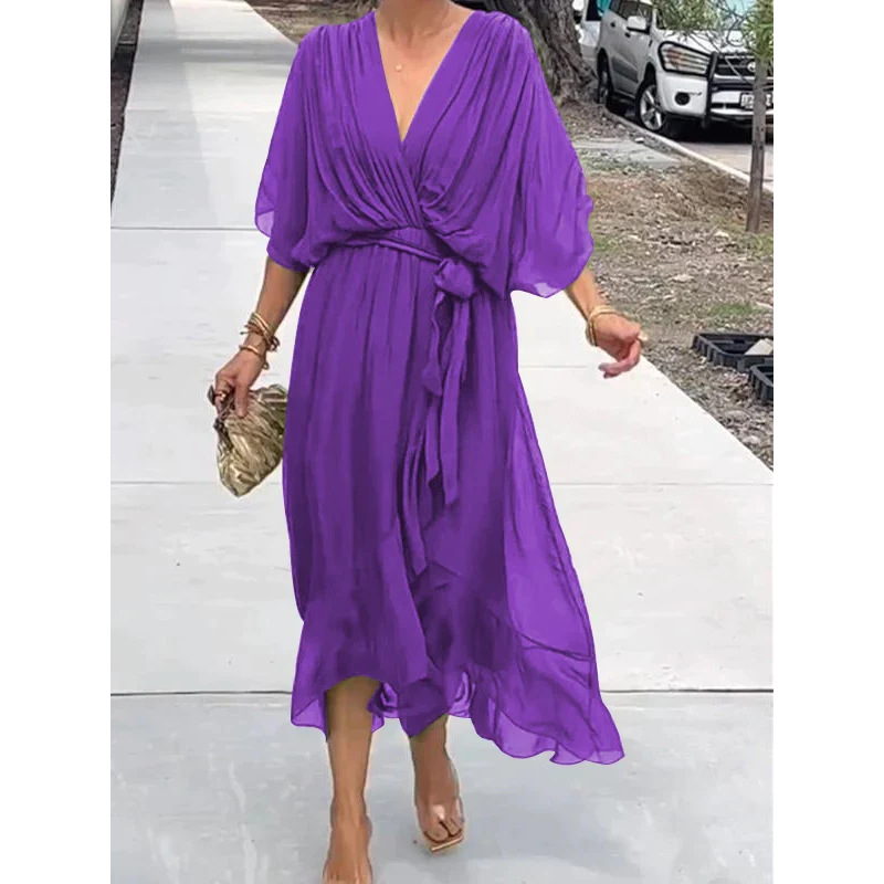 Women's Solid Color Tie-Waist Batwing Sleeve Irregular Long Dress Plus Size