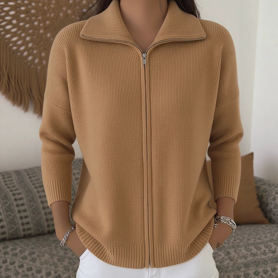 Women's Zip-Up Knit Cardigan with Collar, Solid Color, Relaxed Fit