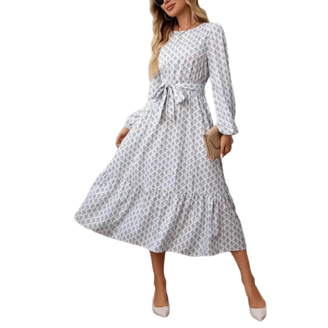 Elegant Floral Print Lantern Sleeve Ruffle Hem Tie-Waist Long Dress
