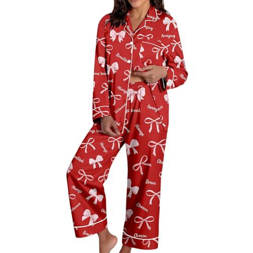 Women's Cuban Collar Christmas Bow Print Long Sleeve Shirt Set