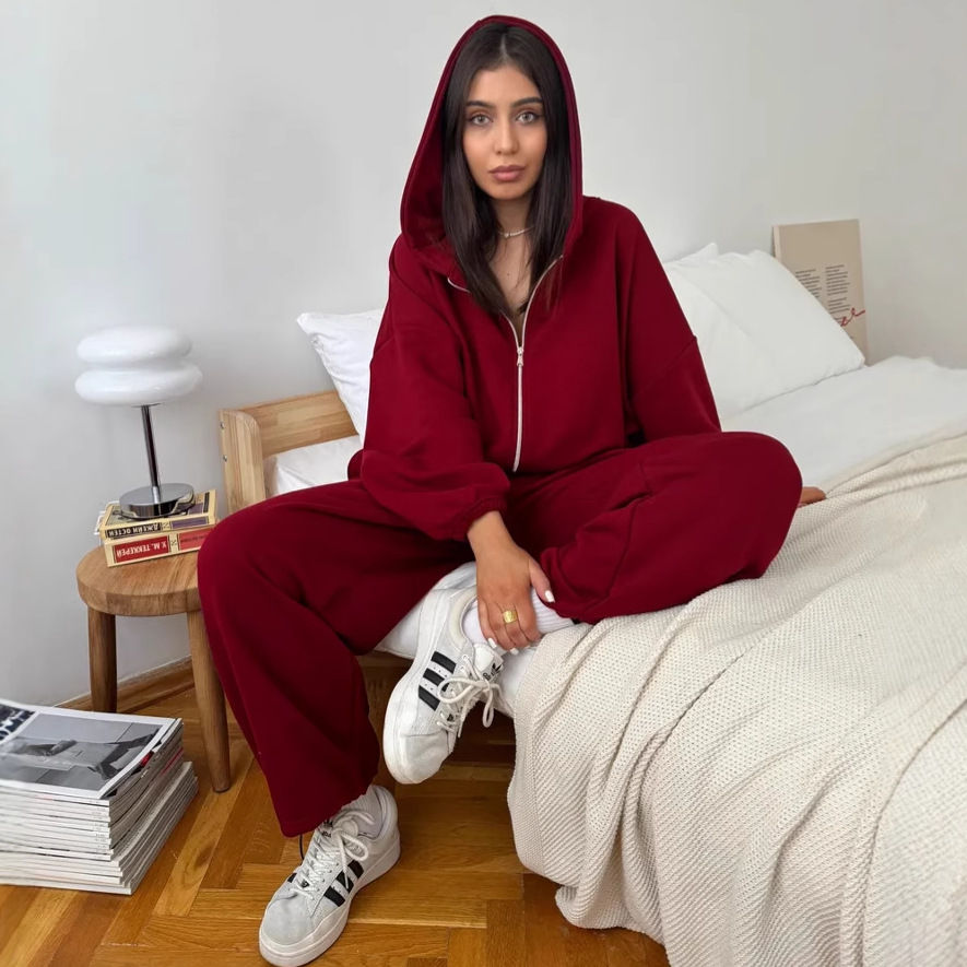 Women's Solid Color Zip-Up Hoodie and Drawstring Jogger Two-Piece Set