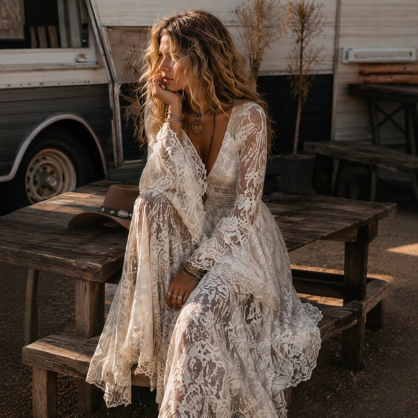 Lace Long Sleeve V-Neck Vintage Slimming Midi Dress