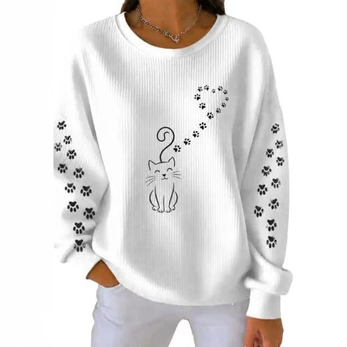 Women's Cat Tail Heart Paw Print Crewneck Sweatshirt