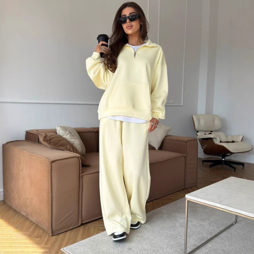 Women's Cotton Blend Zip Collar Pullover Hoodie and Wide-Leg Pants Two-Piece Set