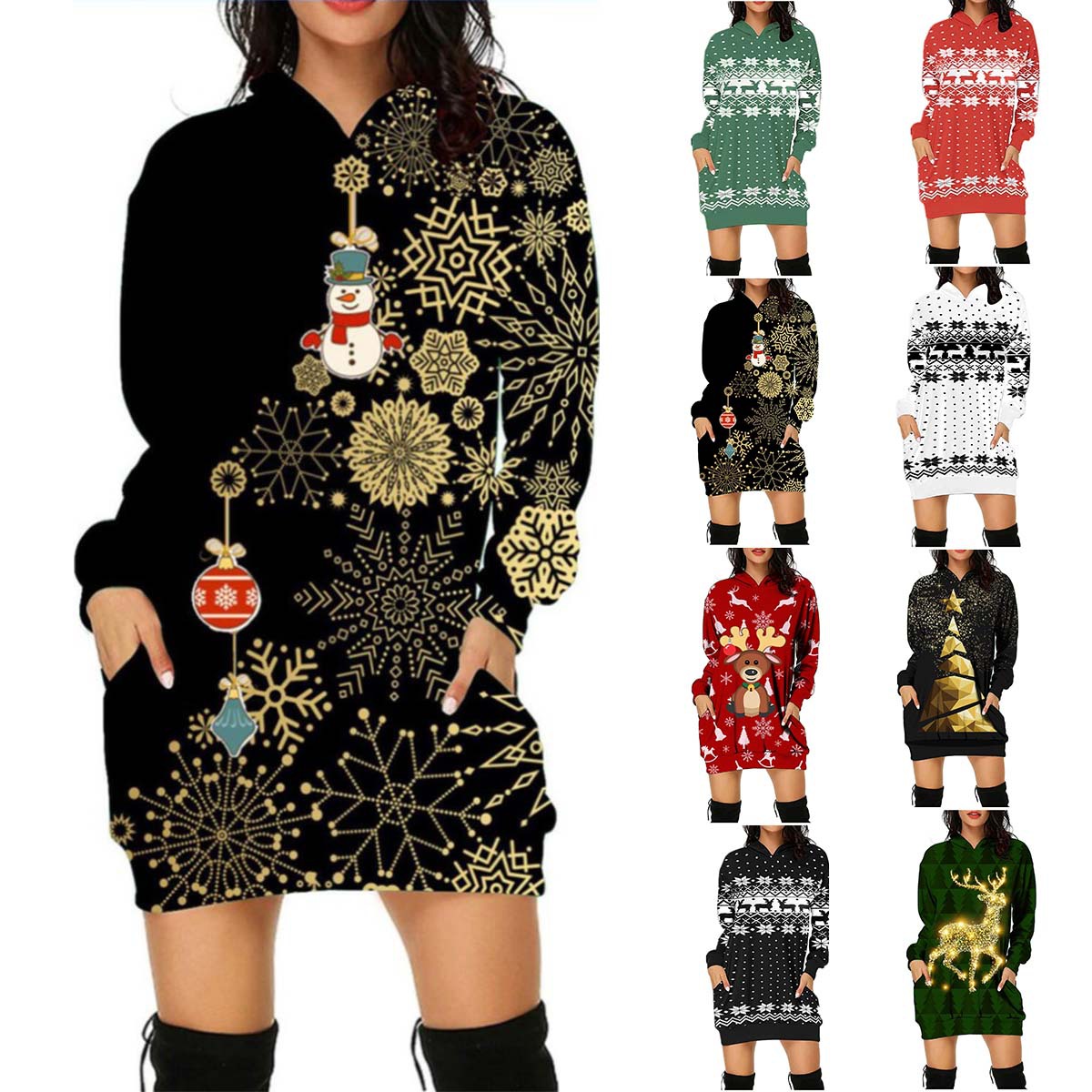 Christmas Hoodie Dress with Kangaroo Pocket and 3D Print