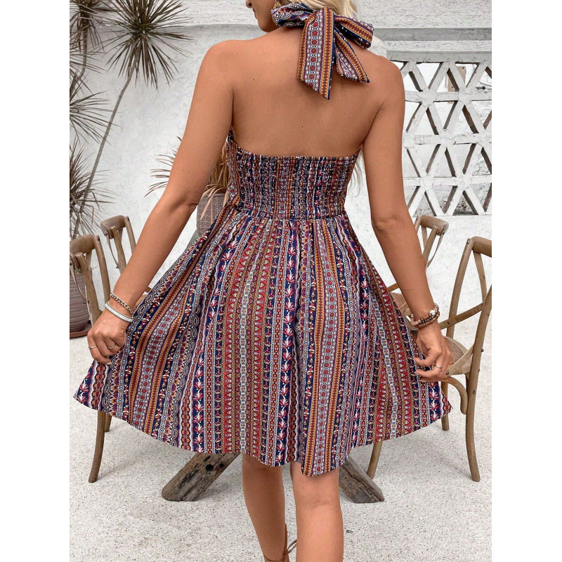 Retro Floral Print Backless Halter Beach Dress