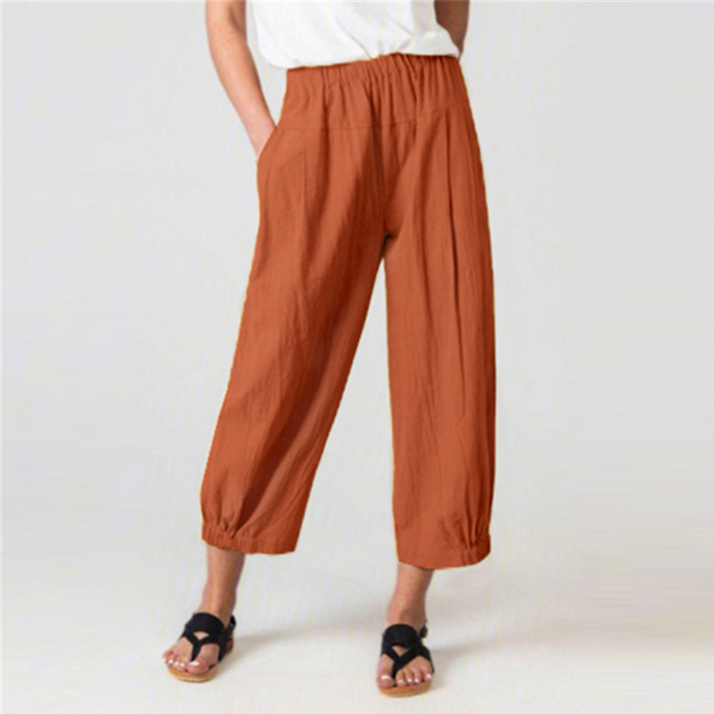 Women's High-Waist Cotton-Linen Harem Pants Cropped Wide-Leg