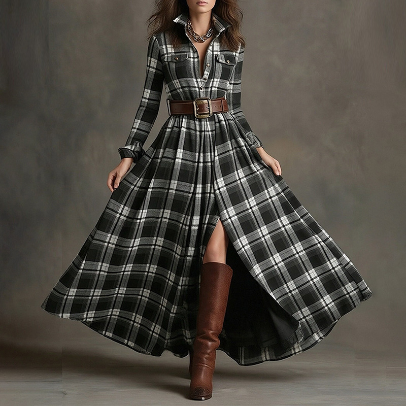 Women's Retro Plaid A-Line Long Sleeve Midi Dress with Irregular Hem
