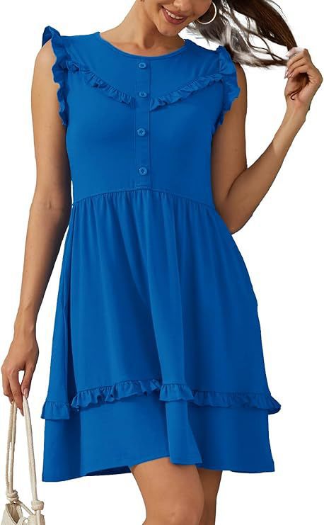 Ruffled Sleeve Flowy Dress with Ruffle Trim Crew Neck