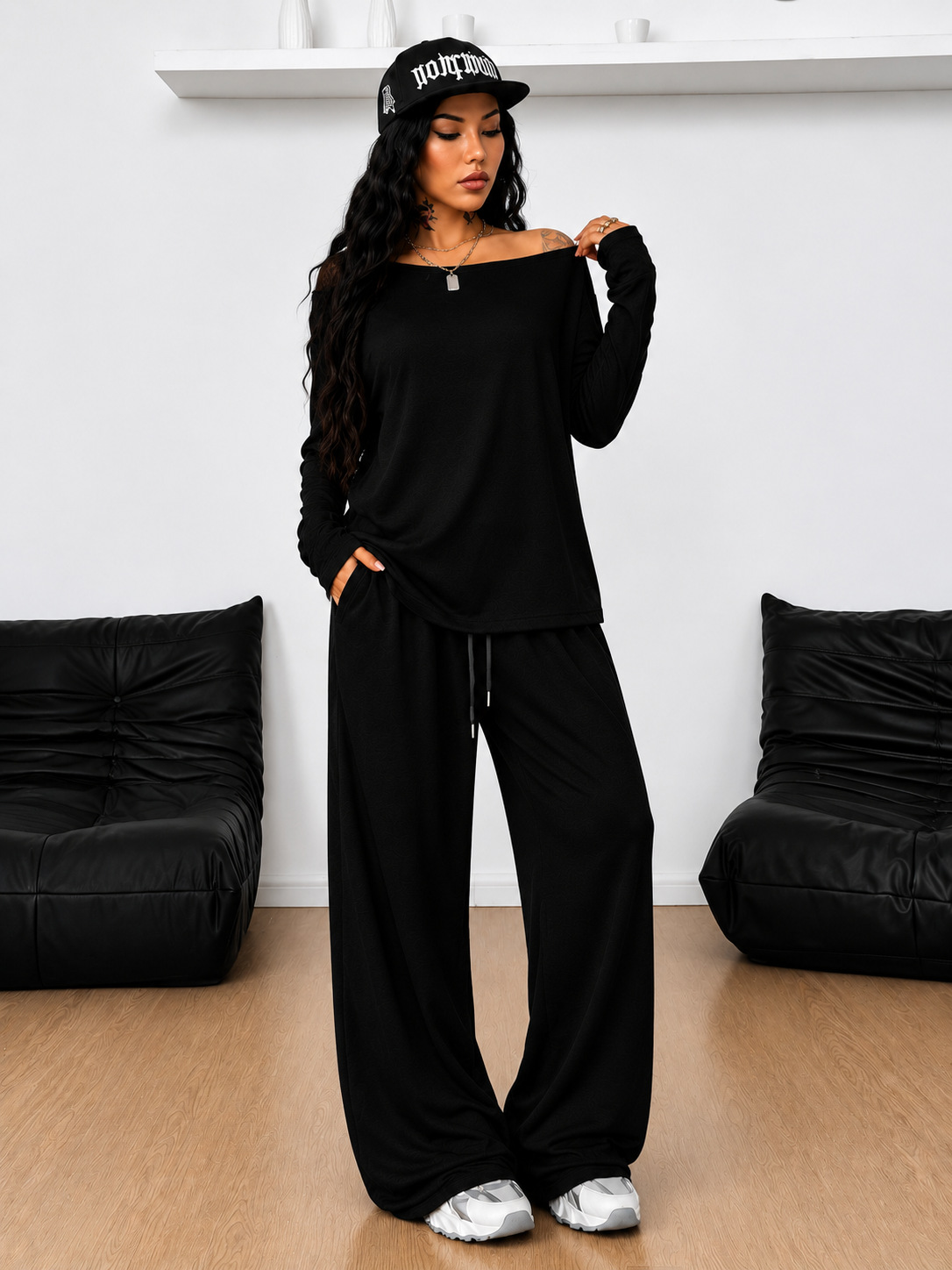Women's Asymmetric Neck Wide-Leg Pants Set Solid Color Casual Two-Piece