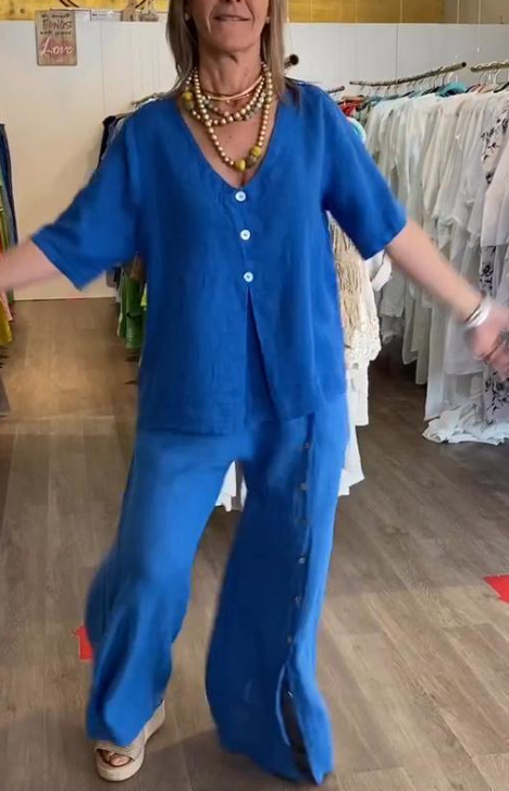 Solid Color Short Sleeve Button Slit Cotton Linen Pant Set