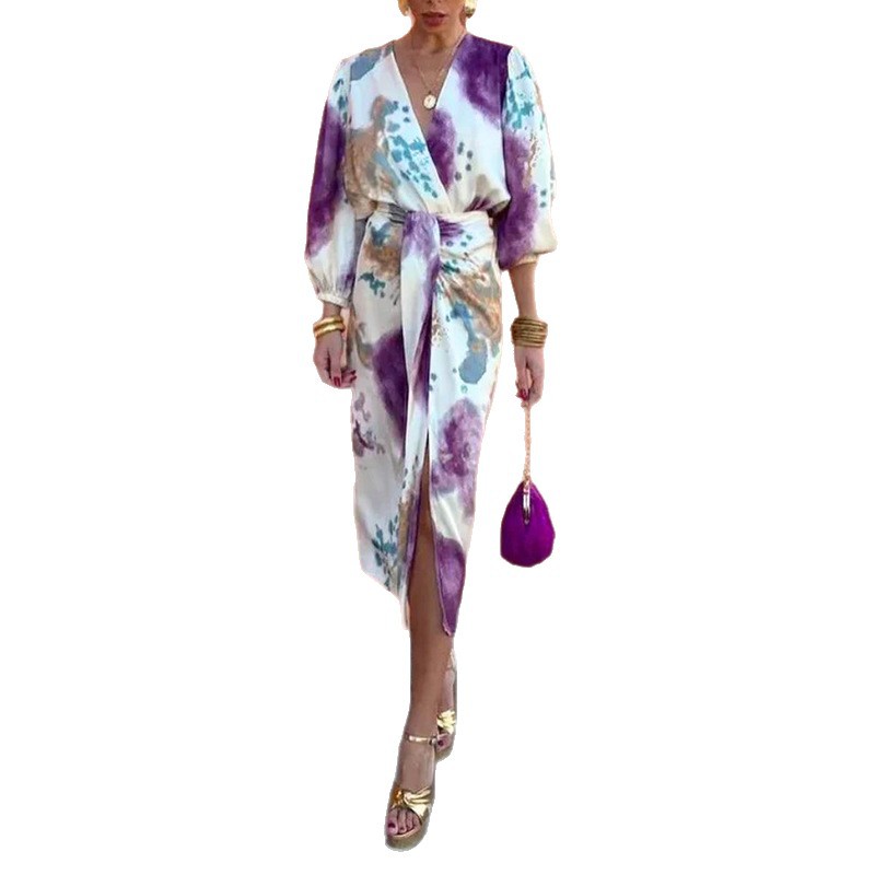 Women's Printed Long Sleeve Slim Fit Long Skirt Two-Piece Set
