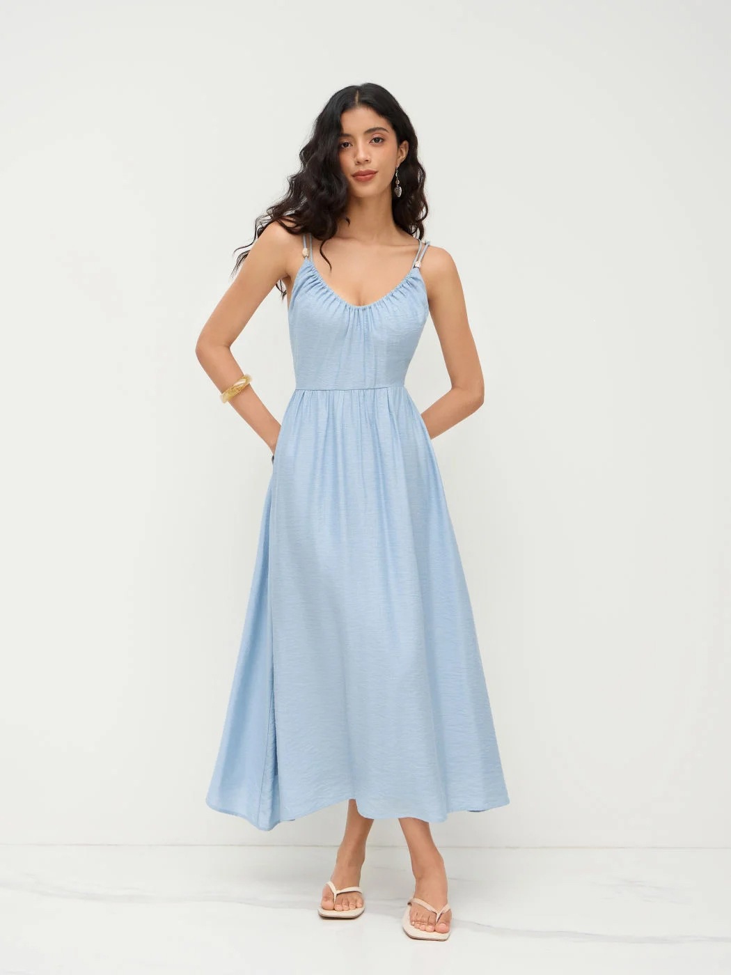 Open-Back V-Neck Maxi Dress with Full Skirt