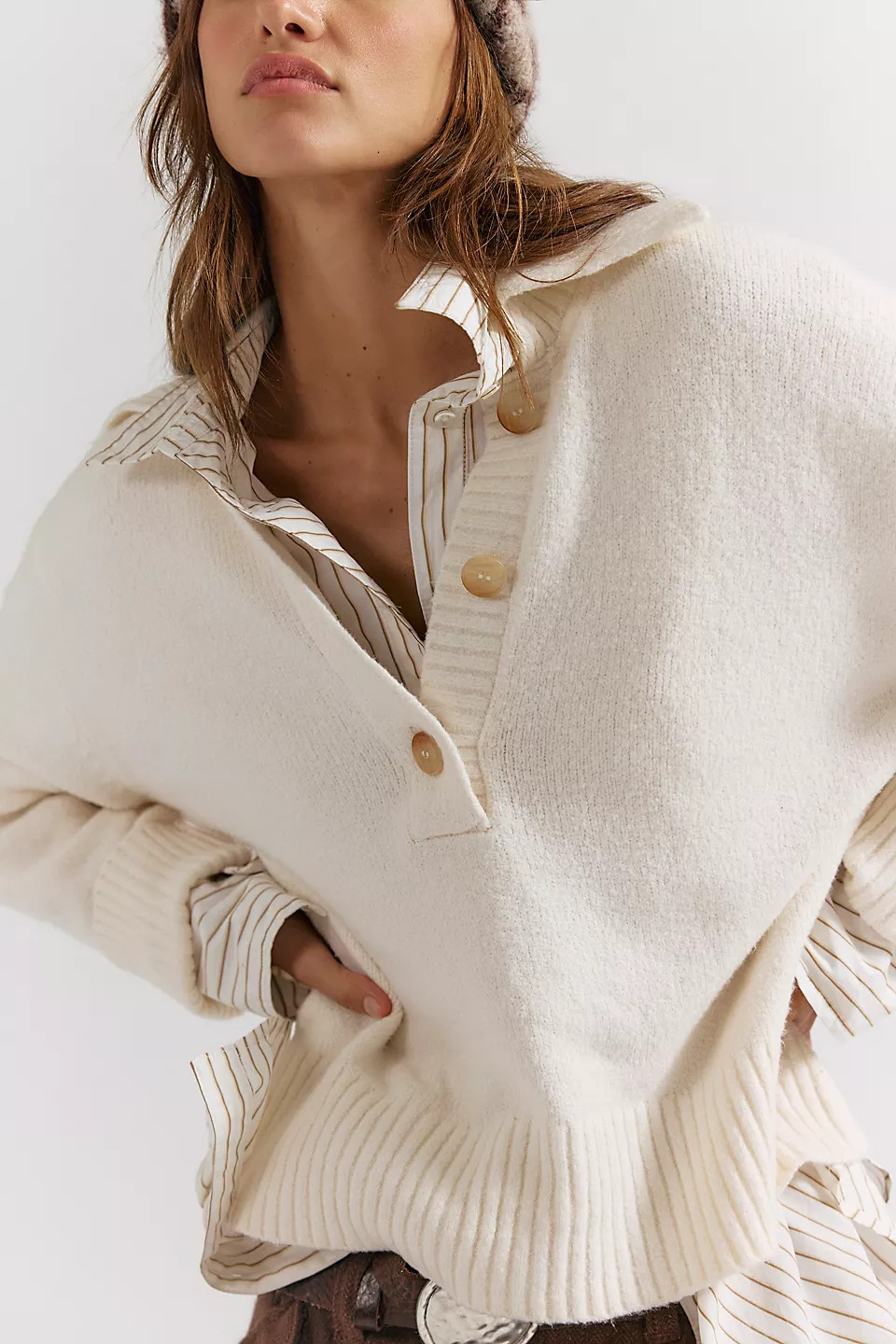 Women's Twist-Button V-Neck Knit Sweater