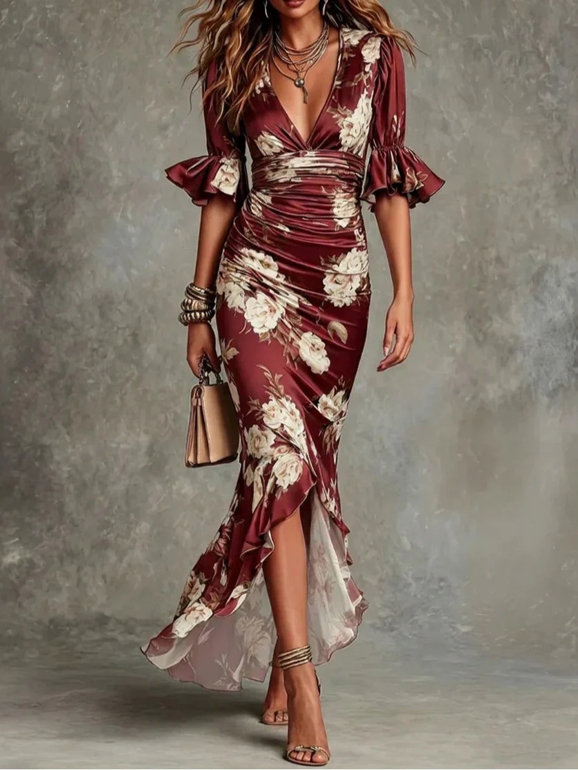 V-Neck Floral Ruffle Hem Midi Dress