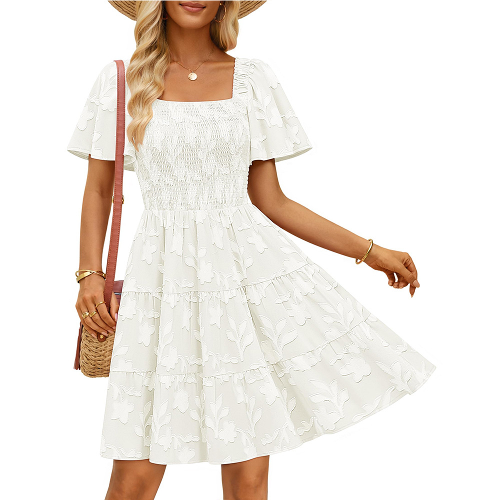 Women's Short Sleeve Square Neck Floral Chiffon Midi Dress
