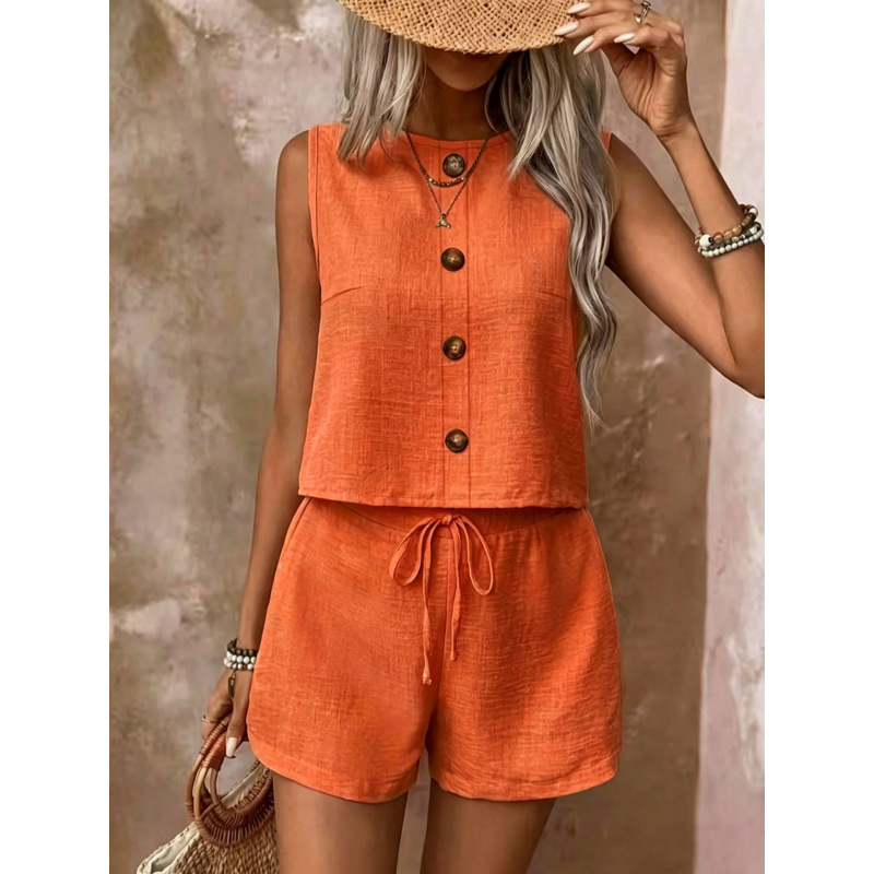 Women's Solid Color Button Sleeveless Vest and Shorts Set