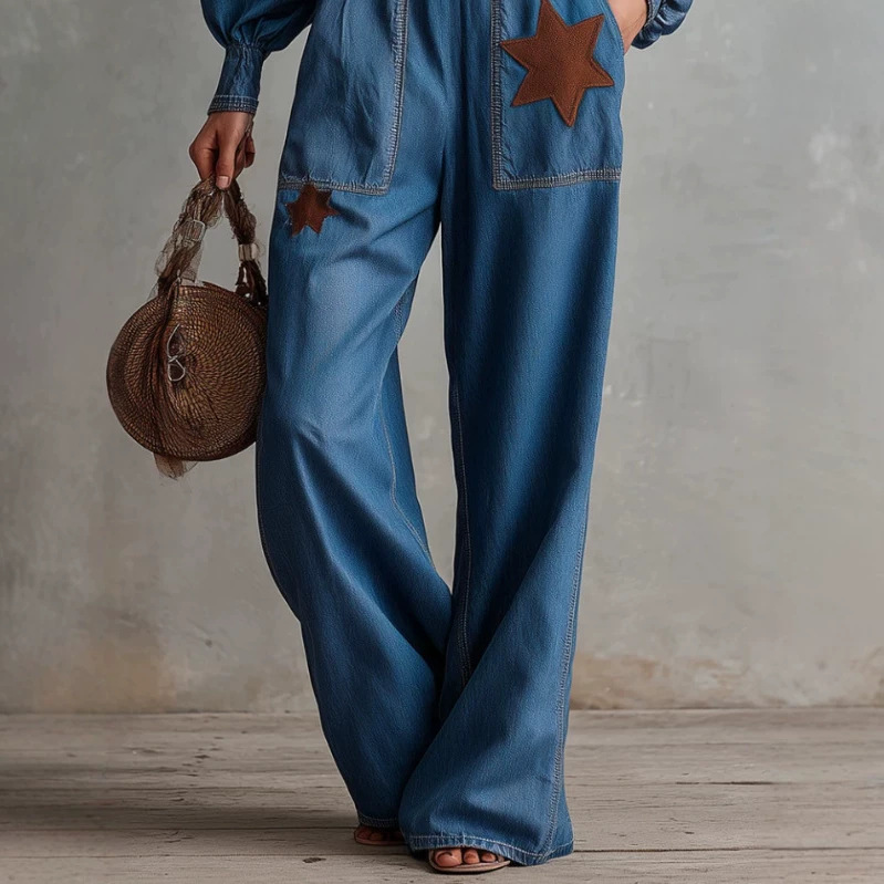 Western Retro Square Neck Star Patch Denim Jumpsuit