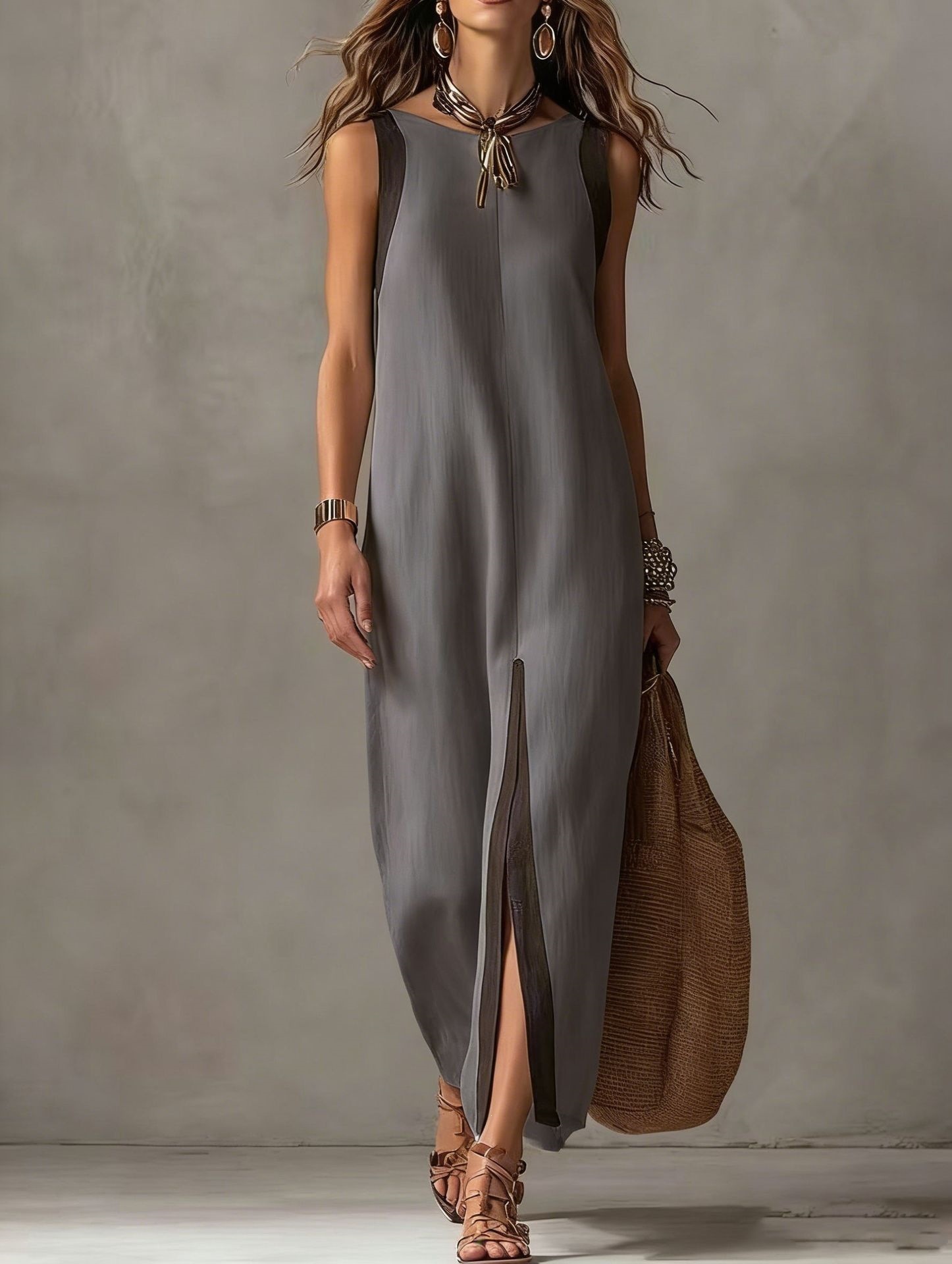 Women's Summer Casual Sleeveless Midi Dress Colorblock