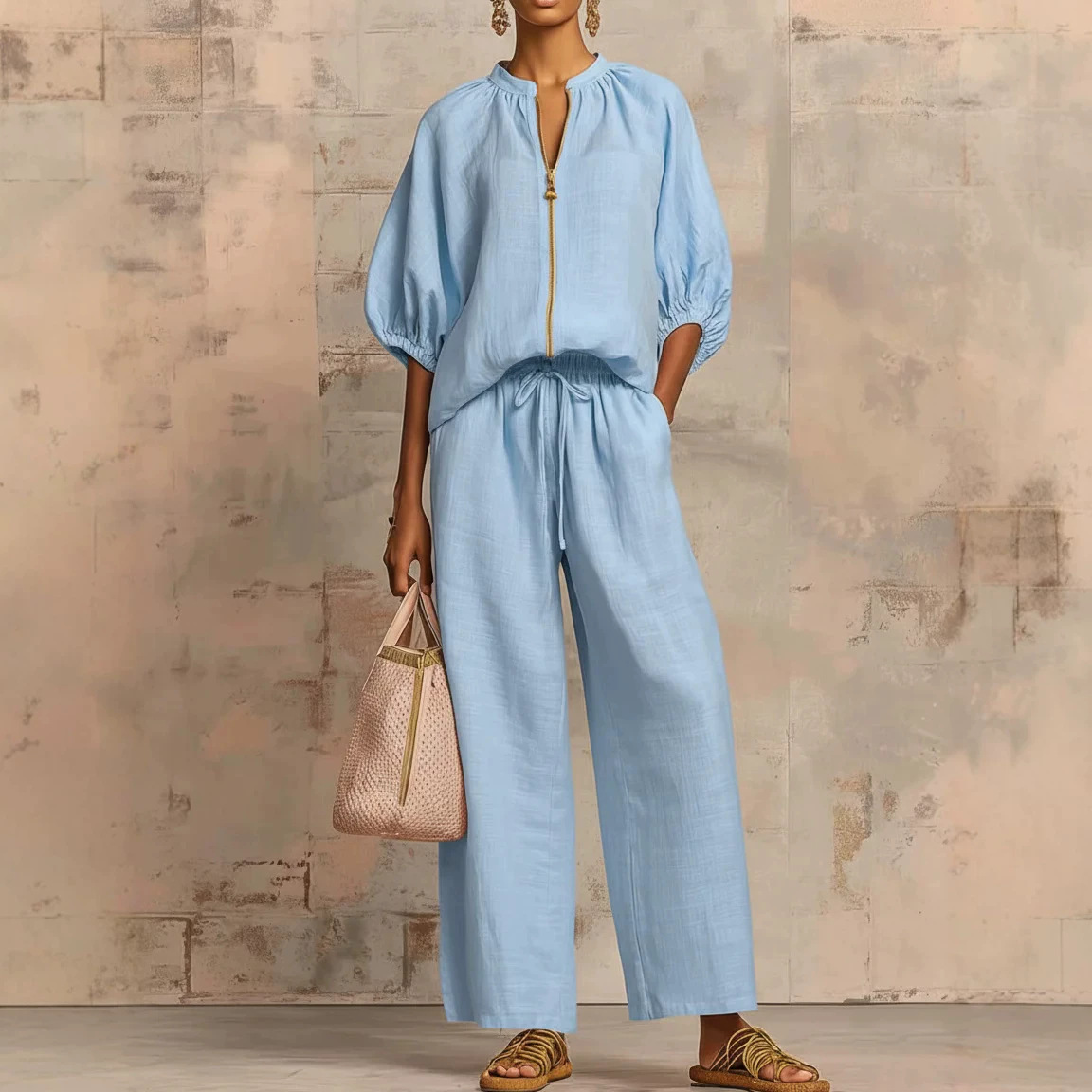 Women's Casual Solid Zip Crew Neck Wide Leg Pants Set